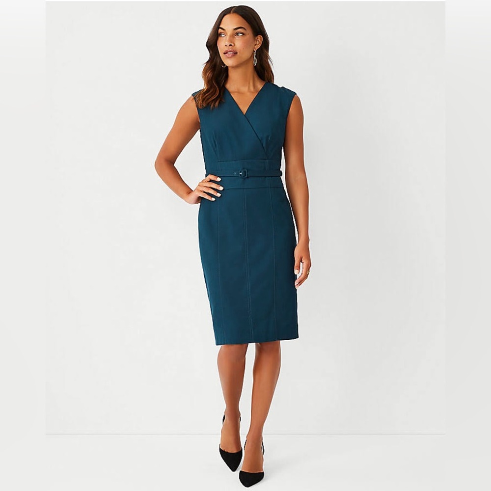 Ann Taylor The Wrap Belted Sheath Dress in Airy Wool Blend Dark Teal Size 8